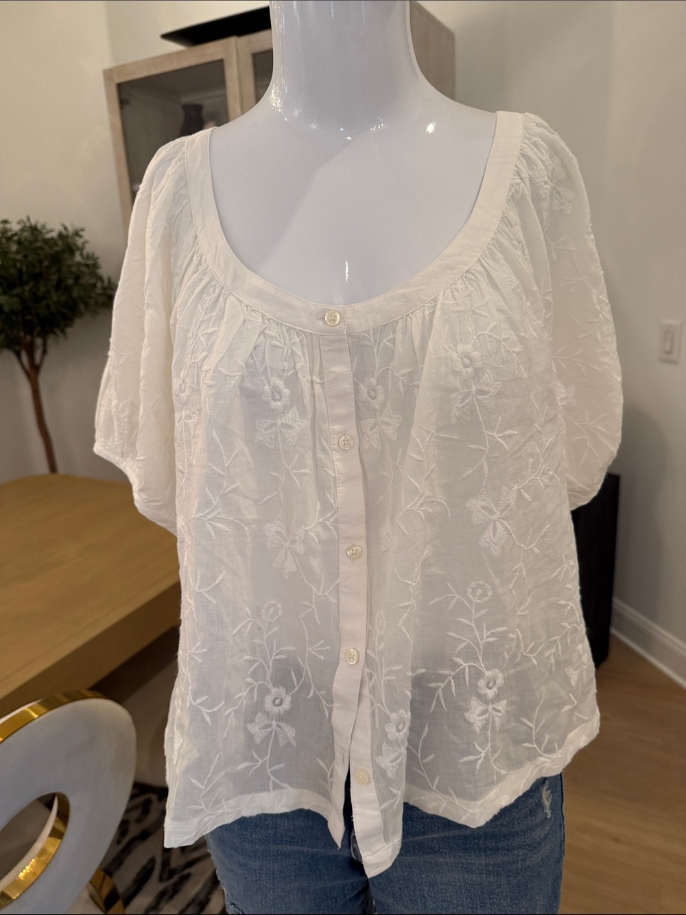 White Embroidered Scoop-Neck Button Front Top